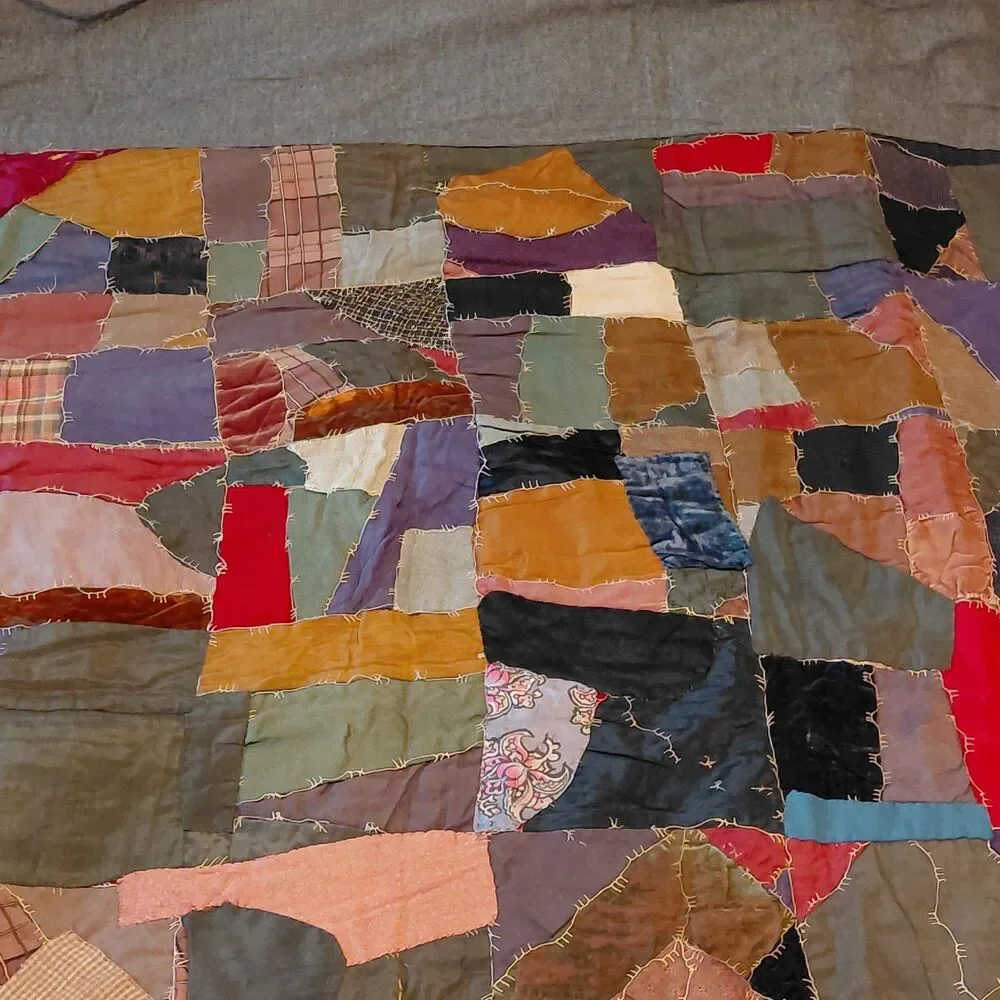 Vtg Handmade Crazy Quilt Early 20th Century Velvet Satins Heavy 78x74 Read